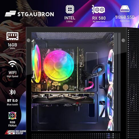 كمبيوتر سطح المكتب للألعاب STGAubron، Radeon RX 580 8G GDDR5، Intel 10th Gen G5905 3.5G، 16G RAM، 512G SSD، WiFi، BT 5.0، RGB Fan x 4، لوحة مفاتيح وماوس ولوحة ماوس RGB، W11H64 in Kuwait
