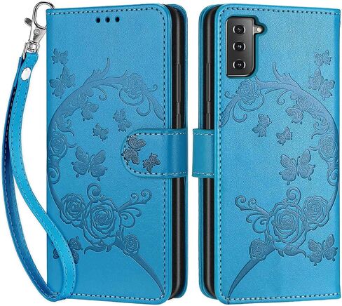 مصمم لهاتف Samsung Galaxy S21 5G، غطاء قابل للطي للسيدات مع حامل من جلد البولي يوريثان المنقوش وفتحات لبطاقات الائتمان وحزام المعصم لهاتف Samsung S21 5G (زهرة زرقاء) in Kuwait
