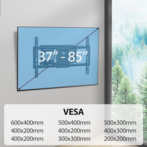 حامل حائط تلفزيون كامل الحركة لأجهزة التلفاز المنحنية المسطحة مقاس 37-85 بوصة، حامل تلفزيون بأذرع مزدوجة مفصلية مع دوار وإمالة، حامل تلفزيون يناسب مسامير خشبية مقاس 12/16 بوصة يصل وزنها إلى 135 رطلًا بحد أقصى 600 × 400 مم (37-85 بوصة) in Kuwait