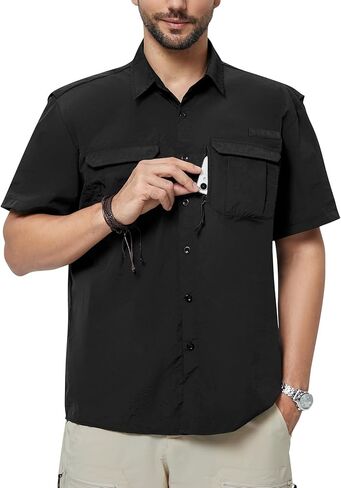 قميص صيد السمك للرجال بأكمام قصيرة، قميص صيفي مقاوم للماء للمشي لمسافات طويلة، قميص بأزرار سفلية مع جيب بسحاب، خفيف الوزن in Kuwait