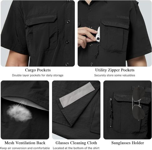 قميص صيد السمك للرجال بأكمام قصيرة، قميص صيفي مقاوم للماء للمشي لمسافات طويلة، قميص بأزرار سفلية مع جيب بسحاب، خفيف الوزن in Kuwait