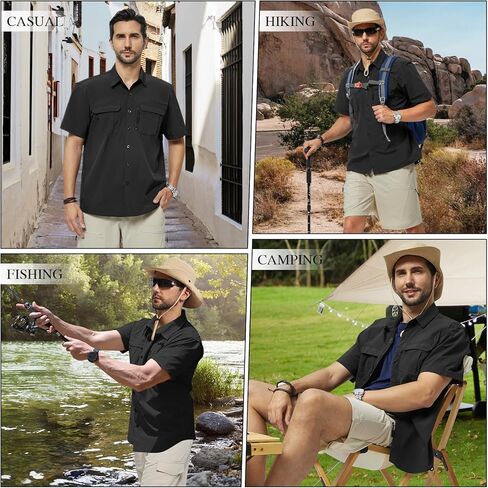 قميص صيد السمك للرجال بأكمام قصيرة، قميص صيفي مقاوم للماء للمشي لمسافات طويلة، قميص بأزرار سفلية مع جيب بسحاب، خفيف الوزن in Kuwait