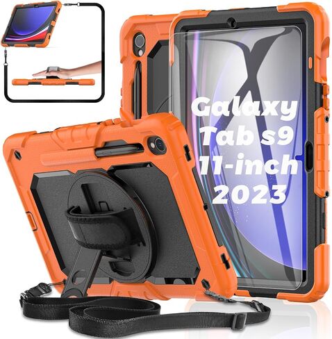 حافظة تابلت Samsung Galaxy Tab S9 FE/S9 مقاس 10.9/11 بوصة مع واقي شاشة من الزجاج المقوى، غطاء حماية متين من BASE MALL مع مسند دوار، حزام لليد والكتف، حامل قلم S لجهاز S9 (برتقالي) in Saudi Arabia