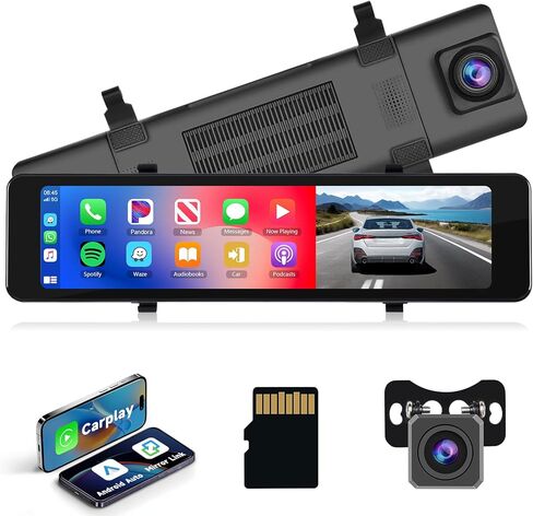 كاميرا مرآة الرؤية الخلفية 4K مقاس 11.26 بوصة مع Apple CarPlay Android Auto Dash Cam أمامية وخلفية مع كاميرا داش ببطاقة 64 جيجابايت للسيارات WDR&ADAS التحكم الصوتي بالمساعدة العكسية in Kuwait