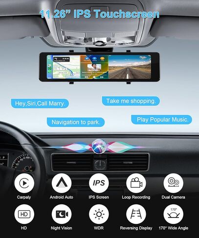 كاميرا مرآة الرؤية الخلفية 4K مقاس 11.26 بوصة مع Apple CarPlay Android Auto Dash Cam أمامية وخلفية مع كاميرا داش ببطاقة 64 جيجابايت للسيارات WDR&ADAS التحكم الصوتي بالمساعدة العكسية in Kuwait