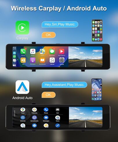 كاميرا مرآة الرؤية الخلفية 4K مقاس 11.26 بوصة مع Apple CarPlay Android Auto Dash Cam أمامية وخلفية مع كاميرا داش ببطاقة 64 جيجابايت للسيارات WDR&ADAS التحكم الصوتي بالمساعدة العكسية in Kuwait