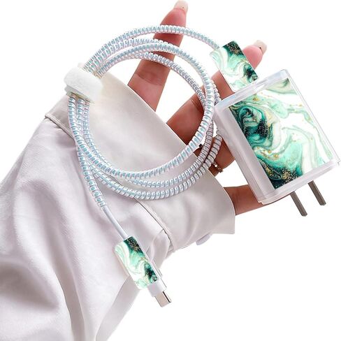 Cute Marble DIY Cable Protectors Set for iPhone 14 13 12 11 Pro X Charger with Gold Glitter Marble Design, Data Line Wire Cord Saver Lightning Cable Charger Protector Cover for iPhone-Green in Saudi Arabia