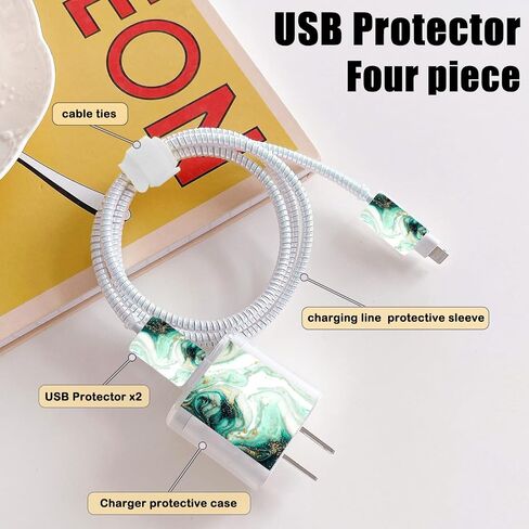 Cute Marble DIY Cable Protectors Set for iPhone 14 13 12 11 Pro X Charger with Gold Glitter Marble Design, Data Line Wire Cord Saver Lightning Cable Charger Protector Cover for iPhone-Green in Saudi Arabia