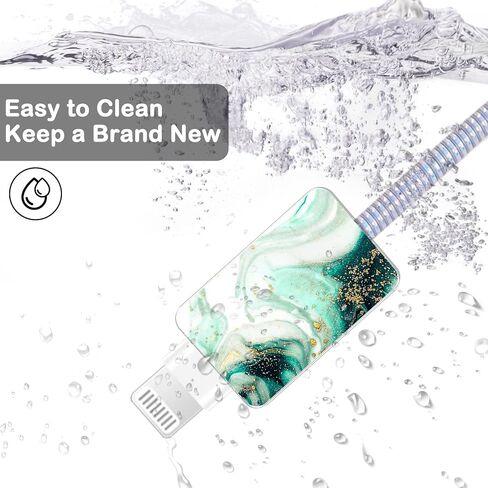 Cute Marble DIY Cable Protectors Set for iPhone 14 13 12 11 Pro X Charger with Gold Glitter Marble Design, Data Line Wire Cord Saver Lightning Cable Charger Protector Cover for iPhone-Green in Saudi Arabia