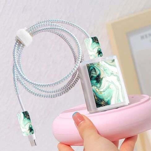 Cute Marble DIY Cable Protectors Set for iPhone 14 13 12 11 Pro X Charger with Gold Glitter Marble Design, Data Line Wire Cord Saver Lightning Cable Charger Protector Cover for iPhone-Green in Saudi Arabia