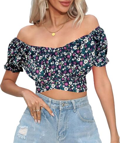 Women's Crop Tops Ruffle Short Sleeve Tie Back Off Shoulder Blouse | square neck tops for women, short sleeve crop top women, Slim Fit Tops, going out tops, summer vacation basic tops in Saudi Arabia