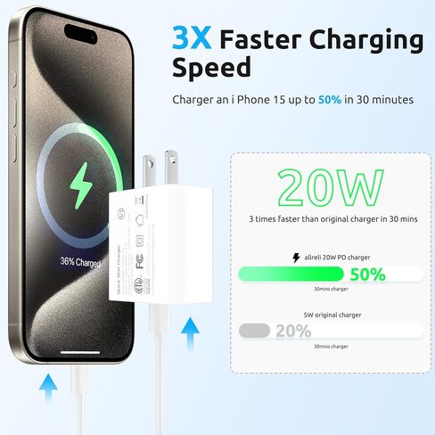 شاحن USB C سريع محمول بقدرة 20 وات لشاحن السفر iPhone 15 مع (3 حزم كابل شحن USB C إلى C بطول 5 أقدام) - الكابل متضمن in Kuwait