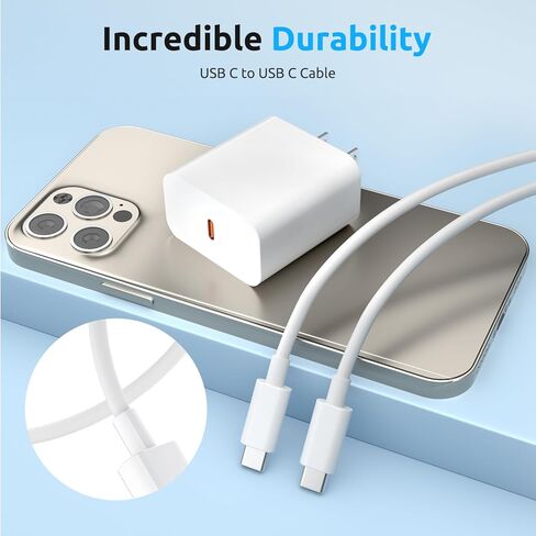 شاحن USB C سريع محمول بقدرة 20 وات لشاحن السفر iPhone 15 مع (3 حزم كابل شحن USB C إلى C بطول 5 أقدام) - الكابل متضمن in Kuwait