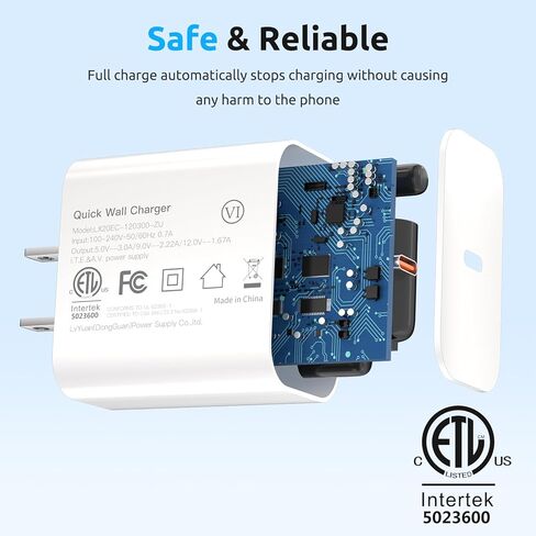 شاحن USB C سريع محمول بقدرة 20 وات لشاحن السفر iPhone 15 مع (3 حزم كابل شحن USB C إلى C بطول 5 أقدام) - الكابل متضمن in Kuwait