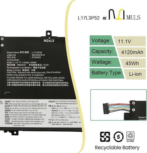 MULS L17L3P52 45Wh بطارية كمبيوتر محمول لينوفو ثينك باد L14 Gen 2 L480 L490 L580 L590 دفتر L17M3P54 L17M3P53 L17C3P52 01AV463 01AV464 SB10K97610 SB10K97611 11.1V 4120mAh in Saudi Arabia