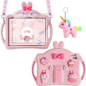 WESADN for iPad 10th Generation Case for Kids Girls, iPad 10th 10.9 Inch Case with Screen Protector Shoulder Strap Kickstand Keychain Cute Rabbit Silicone Tablet Cover for iPad 10th Gen 2022 Pink