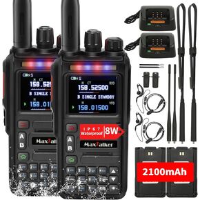 Ham Radios Long Range Waterproof: MaxTalker 8W Ham Radio Handheld Compatible BF UV-5R Gmrs Handheld Radio with 2100mAh Battery Rechargeable, Multi-Band UHF VHF Radio, Walkie Talkies for Adults 2 Pack