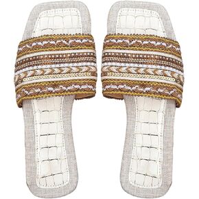 Verdusa Women's Embroidery Sandal Single Band Flats Square Open Toe Summer Slide Sandals