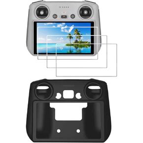 غطاء حماية من السيليكون لجهاز التحكم عن بعد DJI mini 3 PRO RC/DJI RC، حقيبة ناعمة + طبقة زجاجية صلبة مقاومة للخدش [9H] [خالية من الفقاعات] in Kuwait
