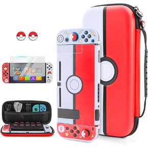 FUNDIARY Cartoon Ball Carrying Case for Nintendo Switch, Cute Portable Travel Case with 10 Game Card Slots, Accessories Bundle with Soft TPU Protective Shell and HD Screen Protector - Red & White