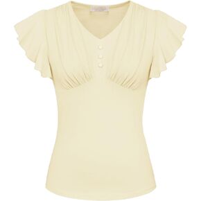 Belle Poque Summer Cotton Tops V Neck Ruffle Short Sleeve Blouse Shirts Elegant Vintage Tops
