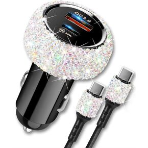 Bling USB C Car Charger, 48W PD + QC Dual Port Fast Charging Adapter with 3.2FT USB Type-C Charging Cable Compatible with iPhone 15 Pro Max iPad Samsung Galaxy Android(Multicolor)