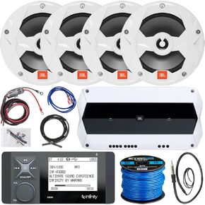 Great 21' - 29' Pontoon Boat Audio System: Bluetooth Radio Marine Receiver Bundle Combo with 4X 6.5 2-Way 225W OEM Replacement White Weather-Resistant Speakers, 4 CH Amp w/Kit, Speaker Wire, Antenna