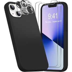 YATWIN [5 in 1 Designed for iPhone 13 Case with 2X Screen Protector + 2X Camera Lens Protector, Liquid Silicone Slim Soft Rubber Shockproof Phone Case Cover for iPhone 13 (6.1") - Begonia