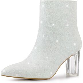 Allegra K Women's Clear Block Heel Glitter Ankle Boots