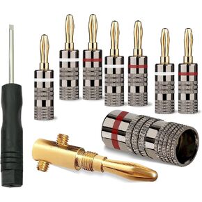 Banana Plugs 4 Pairs / 8 pcs (4 White/4 Red), 2 Set Screws, 24K Gold Plated Speaker Plug Connectors for Speaker Wire, Home Theater, A/V Amplifiers, Receivers -includes Screwdriver