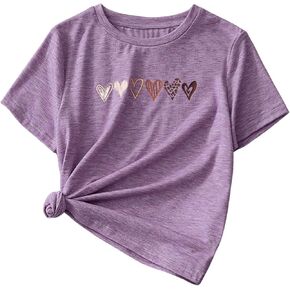 OYOANGLE Girl's Heart Print Short Sleeve Round Neck T-Shirt Funny Graphic Tees Cute Top