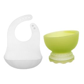 Olababy 100% Silicone Steam Bowl | Fold N Go Silicone Baby Bib w Travel Case (Pearl)