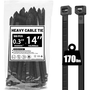 14in Zip Cable Ties 120lb Tensile Strength - Heavy Duty, Self-Locking Premium Nylon Cable Wire Ties for Indoor and Outdoor by Bolt Dropper,width 0.3 inch,black（100pcs）