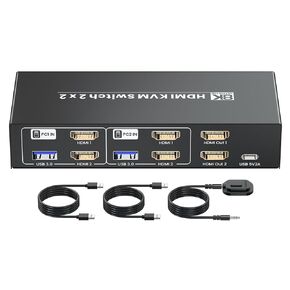 8K60Hz HDMI KVM Switch 2 Monitors 2 Computers, 4K120Hz USB 3.0 Dual Monitor HDMI KVM Switcher 2 in 2 Out for 2 PC Share Two Monitors and Keyboard Mouse printers and more
