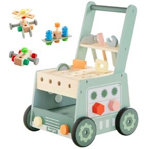 Beright Wooden Baby Push Walker, Wooden Baby Walker and Tool Toy for Toddlers, Kids Tool Bench, Baby Activity Center, Toddler Montessori Educational Toys, Blue
