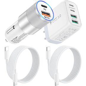 USB C Car Charger, 36W 2-Port USB-C Car Cigarette Lighter Adapter Car Phone Charger+40W 4-Port USB-C Wall Charger+2x6FT Nylon Braided USB C Cable for iPhone 15/15 Pro Max/Plus,iPad Pro,Samsung