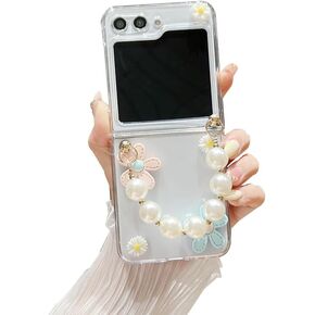 for Samsung Galaxy Z Flip 6 Woman Case Cute Flower Pearl Strap, Lovely Wristband Phone Case for Galaxy Z Flip 6 Girly Design 3D Floral Style, Clear Case for Z Flip 6 Hard PC -Pink