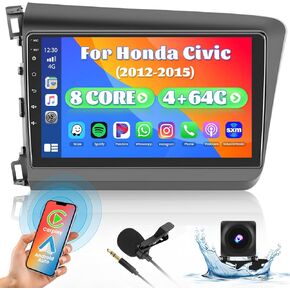 Fuluku【for Honda Civic 2012-2015】 Car Stereo with Wireless Carplay Android Auto, 9" Touch Screen Radio Dash Kit GPS Navigation WiFi Bluetooth SWC Mirror Link, Mic Backup Camera