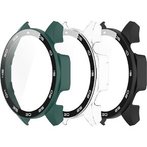 حافظة مكونة من 3 قطع متوافقة مع ساعة Huawei Watch GT 4 مقاس 46 ملم (وليس GT4 مقاس 41 ملم) مع واقي شاشة وغطاء واقٍ من الزجاج المقوى (أسود + فضي + ذهبي وردي)