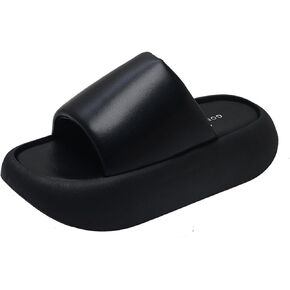 Women's Leather Comfy Platform Sandals,Summer Round Open Toe Tourist Pillow Slippers,Outdoor Anti-collision Fashion Walking Slippers