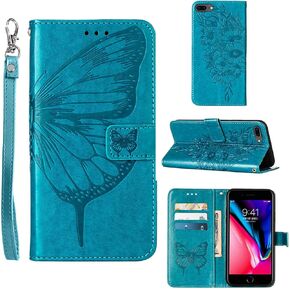 Compatible for iPhone 8 Plus Wallet Case,iPhone 7 Plus Case Women,iPhone 6/6S Plus Case,[Kickstand][Wrist Strap][Card Holder] Butterfly Floral Embossed PU Leather Flip Cover 2021 (Blue)
