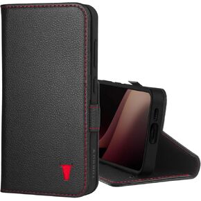 TORRO Case Compatible with Samsung Galaxy S24 5G – Premium Leather Wallet Case with Kickstand and Card Slots (Black with Red Detail)