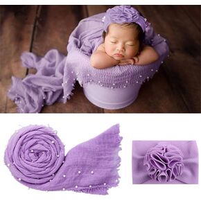 2 PCS Newborn Photography Props, Baby Props Photography Wrap 35.5 by 67 in Newborn Photography Props with s Pearl Headband for Baby Photoshoots Posing Photo (Pale Pinkish Grey)