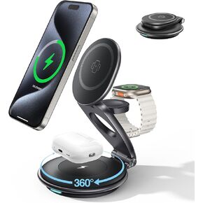 EXW Travel Charging Station for Magsafe Charger,Wireless Charging Station for Apple Multiple Devices,Magnetic Foldable Charger for iPhone 12-15 Series for Apple Watch & AirPods(30W Charger Included)