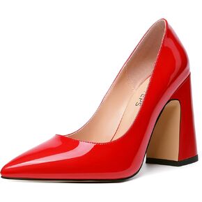 Womens Party Slip On Dress Patent Pointed Toe Chunky High Heel Pumps Shoes 4 Inch