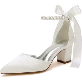Pearl Wedding Shoes for Bride Block Heel Bridal Shoes Pointed Toe Wedding Heels Low