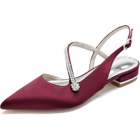 Women's Pointed Toe Beaded Satin Wedding Flats for Bride Comfortable White Bridal Shoes with Ankle Strap Prom Party Shoes Pumps