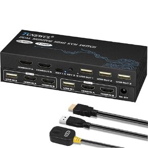 HDMI KVM Switch 2 Monitors 2 Computers 4K@60Hz Dual Monitor KVM Switch for 2 Computers Share Dual Monitor 3 USB 2.0 Devices with HDMI Cables & USB Cables and Desktop Controller