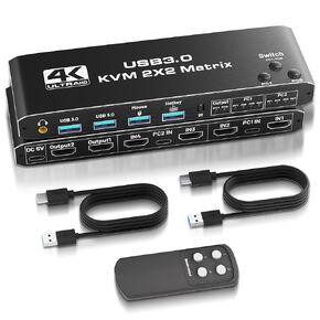 4K@60Hz KVM Switch for 2 Monitors 2 Computers, Dual Monitor HDMI Matrix 4 in 2 Out Extend Display, KVM Switch with 4 USB 3.0 port, 4 HDMI input & 2 HDMI output port, Support Hotkey and Remote Control