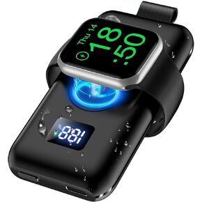 xiwxi Upgraded Portable 1500mAh with LED Display Magnetic Wireless Charger Power Bank [IPX5 Waterproof] Travel Battery Pack for Apple Watch Series 9/8/UItra/7/6/5/4/3/2/SE-Black